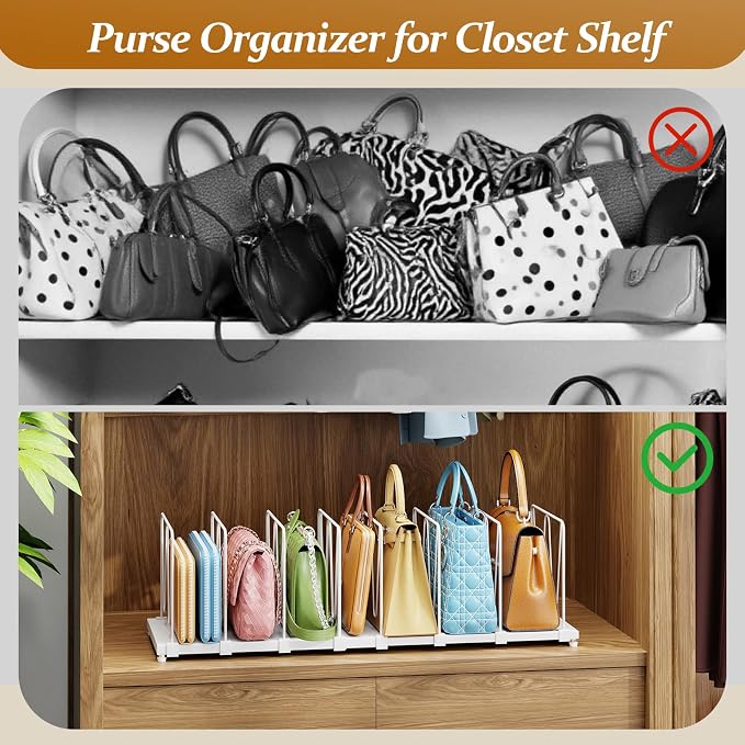 Dmevkic Extendable Purse Organizers Purse Storage. Length 16-28 in. Bag Organizer Purse Holder for Closet with 8 Adjustable Shelf Dividers Patent Pending