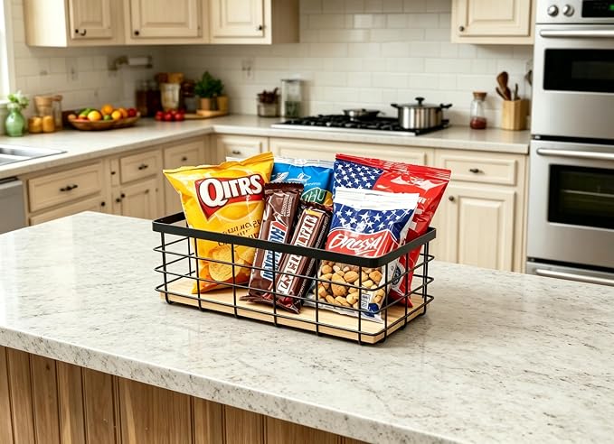 ShabbyDecor Farmhouse Metal Wire Basket for Kitchen Cabinets Pantry etc | Detachable Wood Base Storage Organizer for Kitchen Cabinets, Bathroom, Pantry, Laundry Room