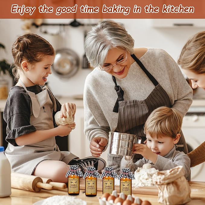 Uiifan 8 Pcs Glass Bottles Jars for Vanilla Extract 4 oz Amber Glass Jars with Caps Boston Round Bottles with Vanilla Extract Labels Stickers for Syrup Gift Food Storage Canister Set Sauce Beans