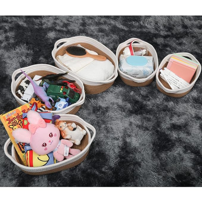 VOOWO Set of 5 Woven Rope Baskets for Storage, Organizing, Nursery, Shelves - Small Baskets for Gifts Empty (Off White & Jute)