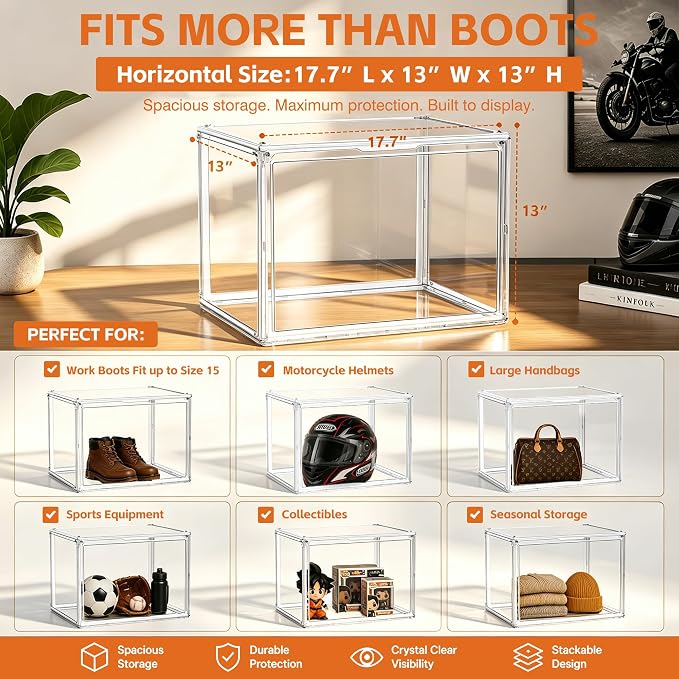 XXX-Large Extra Large Acrylic Display Case 17.3'' x 13'' x 13'' Transparent Sneaker Shoe Organizer Clear Plastic Stackable Boot & Shoe Boxes Large Showcase for Helmet, Handbag, Figures Collectibles