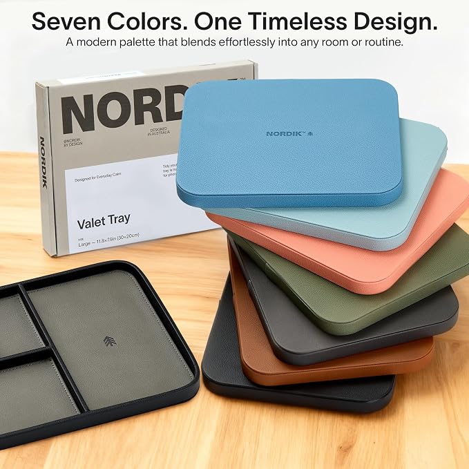 Nordik Leather Valet Tray - Pebble Black - 11.8x7.9 Inch Large Vegan Leather Tray - Stylish Nightstand Organizer for Men - Modern Bedside Caddy - EDC Catchall for Key Watch Wallet Jewellery