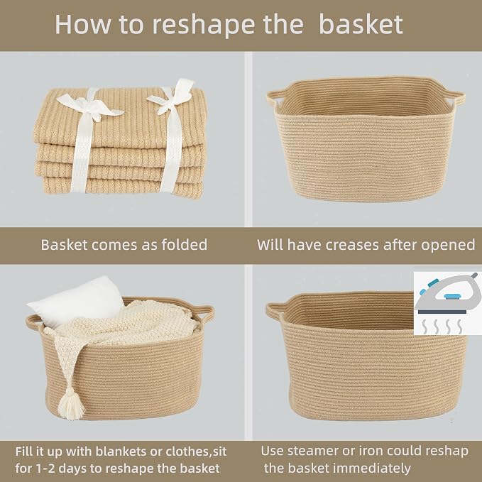 XUANGUO Large Rectangle Blankets Basket Living Room 22"x17"x12" Woven Jute Rope Storage Baskets for Nursery Toy Baskets for Kids and Dogs Wicker Laundry Basket Bin for Clothes Towels