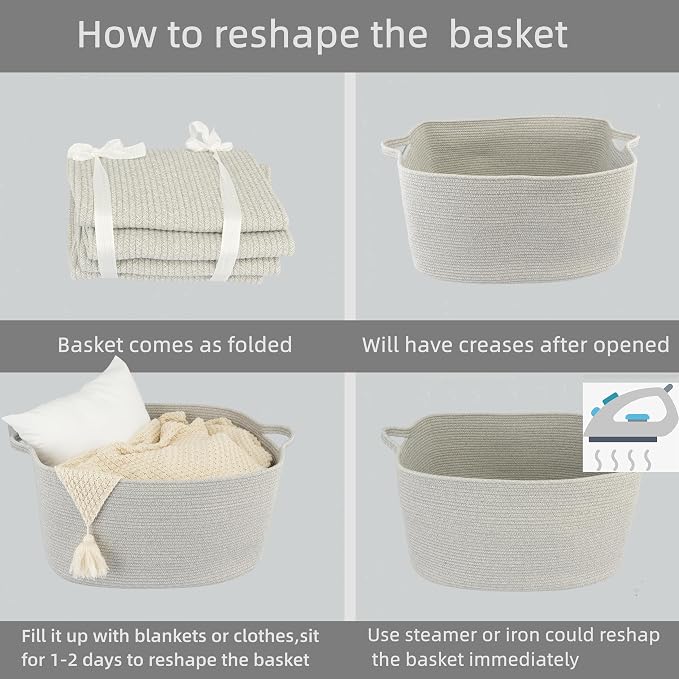 XUANGUO Large Rectangle Blankets Basket Living Room 22"x17"x12" Woven Cotton Rope Storage Baskets for Nursery Toy Baskets for Kids and Dogs Laundry Basket Bin for Clothes Towels grey