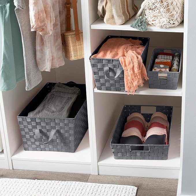 Simplify 2 Pack Large Storage Shelf Totes with Woven Strap in Grey | Decorative | Baskets | Organization | Accessories | Drawer | Desk | Closet | Bathroom | Bedroom | Nursery | Toys | Gifts