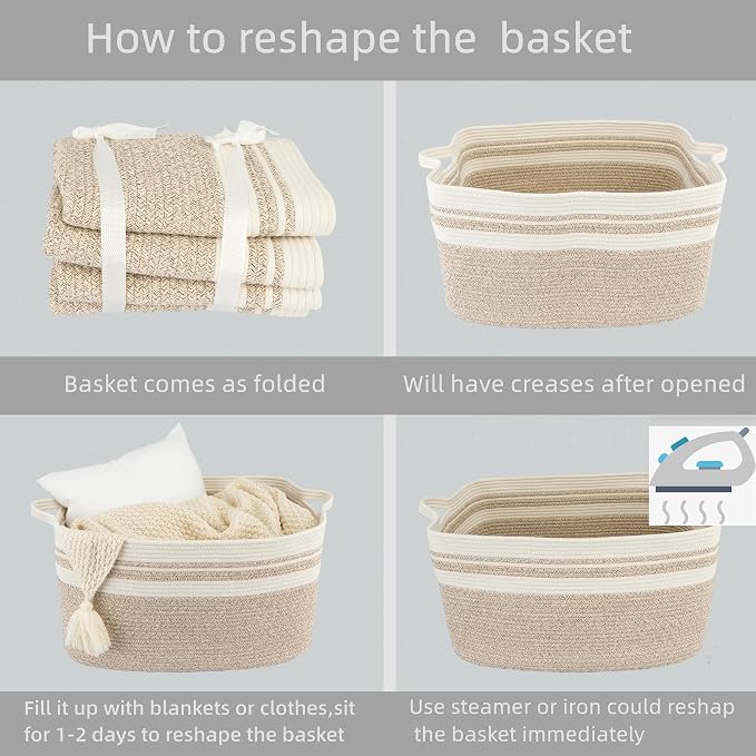XUANGUO Large Rectangle Blankets Basket Living Room 22"x17"x12" Woven Cotton Rope Storage Baskets for Nursery Toy Baskets for Kids Wicker Laundry Basket Bin for Clothes Towels white brown