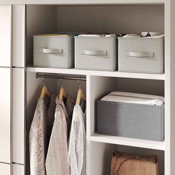 LayerSpace 3 Pack Fabric Storage Bins for Shelves | 16.25x12x10in Closet Storage Baskets | Collapsible Storage Bins |Fabric Closet Organizers with Handles | Light Gray