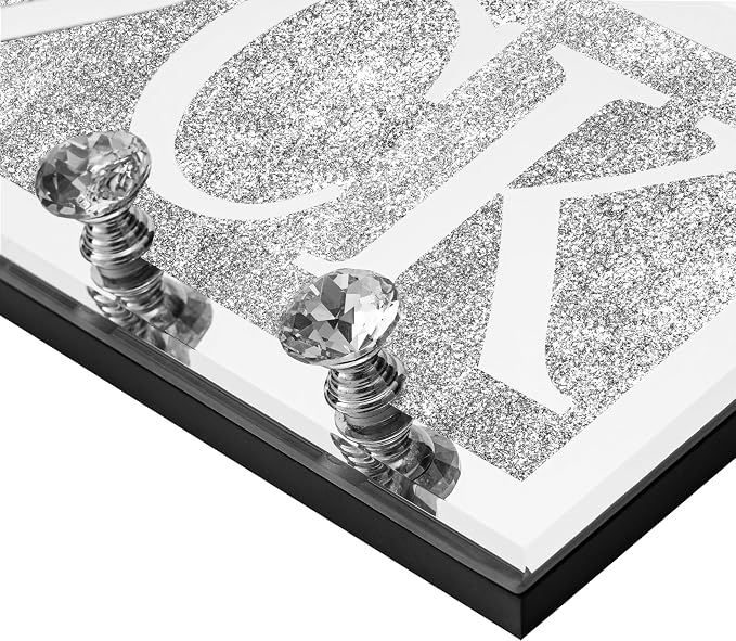 SHYFOY Crystal Clear Hooks Key Holder Key Hanger, Sparkly Mirrored Home Letters Plaque Sign for Decor, Silver Mirror Decoration Wall Art for Entryway Hallway Living Room, Lock Letter