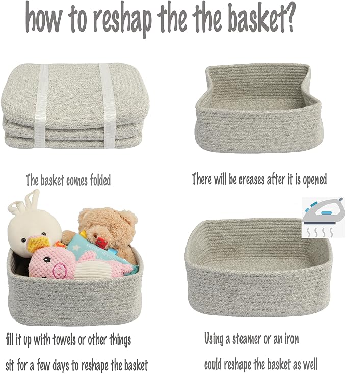 XUANGUO Small Woven Storage Baskets 12“X8”X5“ Decorative Rope Bins for Organizing Shelves, Closets, and Toys, Empty Gift Baskets, Cute Organizer Basket for Home and Office (grey, regular)