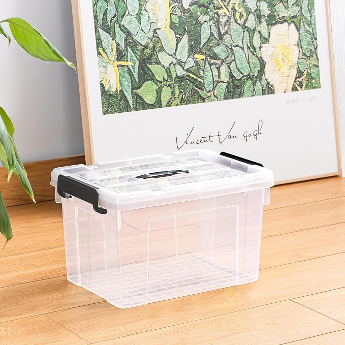 Cetomo Lidded Storage Bin with Handle, Tote Organizing Container with Durable Lid and Secure Latching Buckles, Stackable and Nestable, Plastic, 25 Quart-3 Pack, Clear