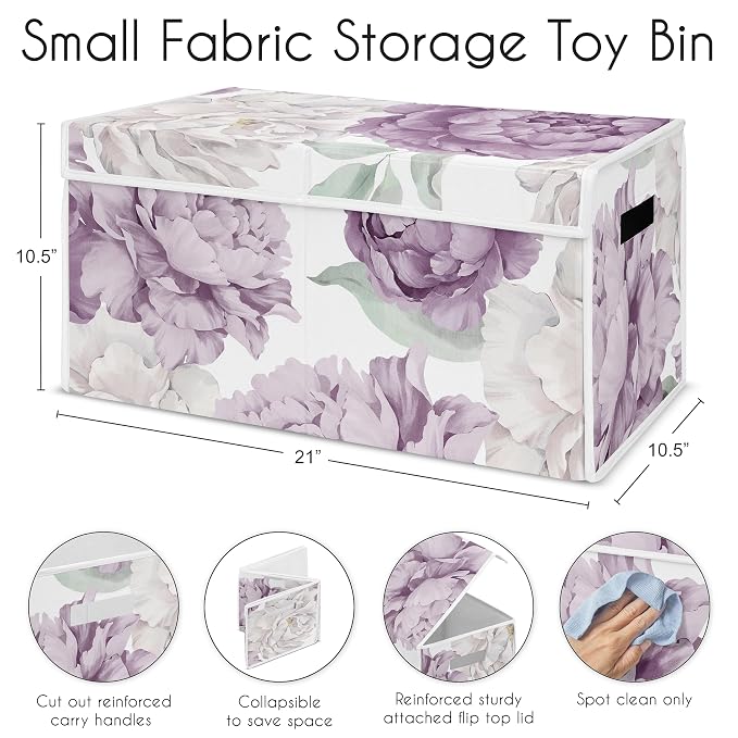 Sweet Jojo Designs Lavender Purple Boho Shabby Chic Floral Girl Collapsible Toy Storage Box Chest Organizer with Lid for Baby Nursery Kid Childrens Room Ivory Bohemian Vintage Garden Watercolor Nature