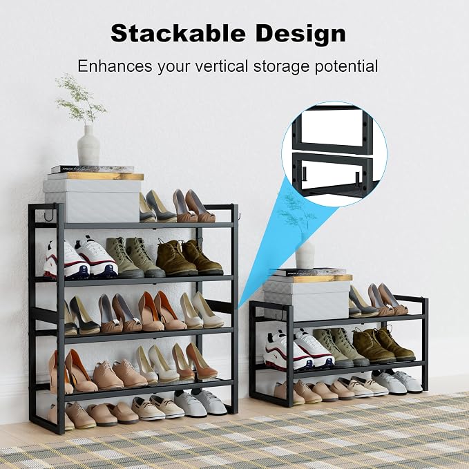 CHEMPFR Expandable & Stackable Metal Shoe Rack, Heavy-Duty Adjustable Shoe Organizer with Mesh Shelves, Freestanding Shoe Storage for Entryway Closet Garage (Black 2-Tier)