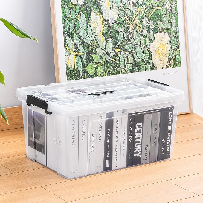 Cetomo Lidded Storage Bin with Handle, Tote Organizing Container with Wheels, Lid and Secure Latching Buckles, Stackable and Nestable, Plastic, 72 Quart-6 Pack, Clear