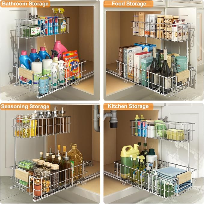 RITSU Pull Out Cabinet Organizer, Under Sink Slide Out Storage Shelf with 2 Tier Sliding Wire Drawer, Sliding Storage for Inside Kitchen Cabinet- 11.5 in. W x 21.5 in. D (Left)