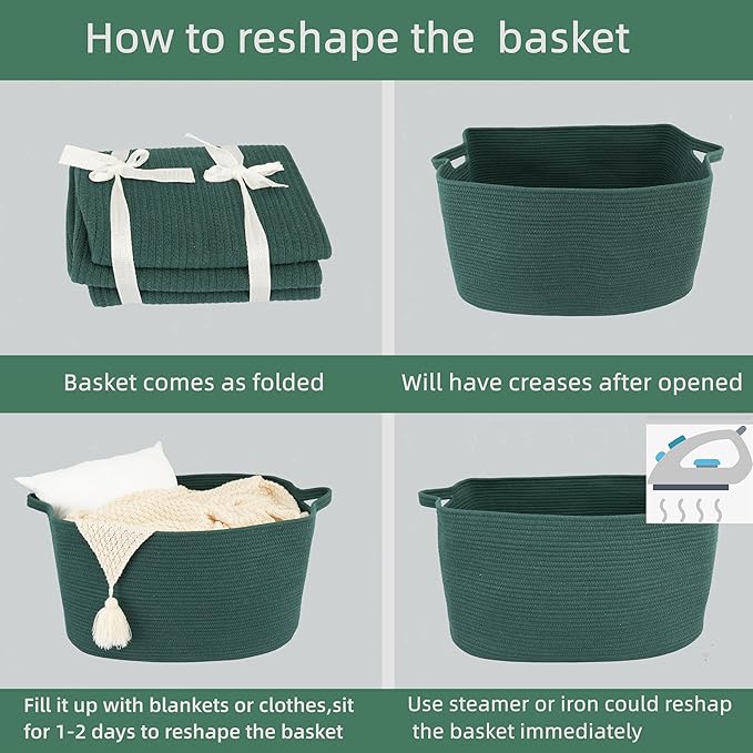 XUANGUO Large Rectangle Blankets Basket Living Room 22"x17"x12" Woven Cotton Rope Storage Basket for Nursery Toy Baskets for Kids and Dogs Wicker Laundry Baskets Bin for Clothes Towels dark green