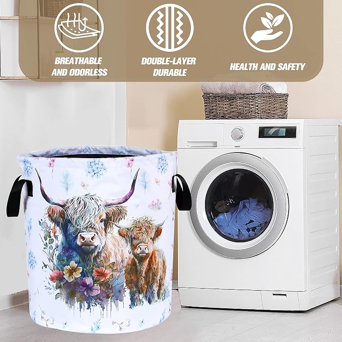 Highland Cow Laundry Basket Cattle Animal Foldable Oxford Cloth Funny Tote Bag Laundry Hamper Clothes Storage Bucket Organizer For Bathroom/Laundry Storage/Bedroom 18.9x16.5 Inch