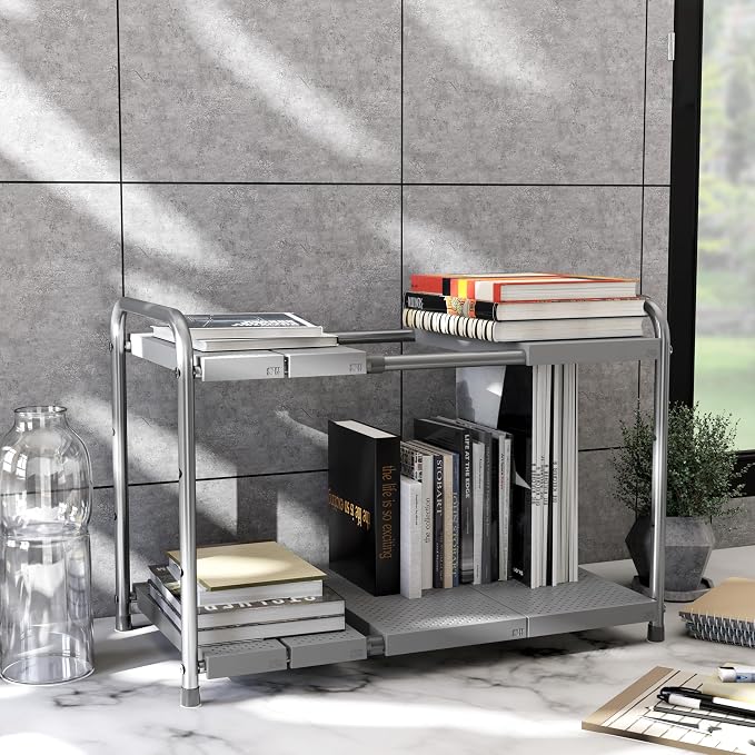 Simple Houseware Under Sink 2-Tier Heavy Duty Expandable Rack Organizer, Adjustable Width 15.75–25 Inches with 4 Shelf Height Levels, Silver