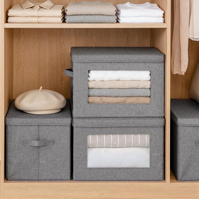 3-Pack Storage Bins with Lids & Clear Window, Foldable Fabric Closet Organizer Boxes, Stackable Cube Baskets with Soft Handles for Clothes & Blankets, 15", Grey