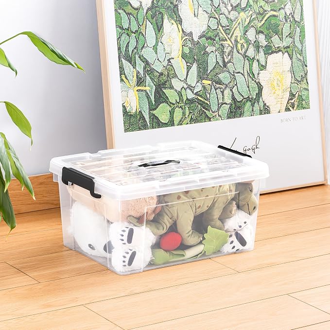 Cetomo Lidded Storage Bin with Handle, Tote Organizing Container with Durable Lid and Secure Latching Buckles, Stackable and Nestable, Plastic, 40 Quart-3 Pack, Clear