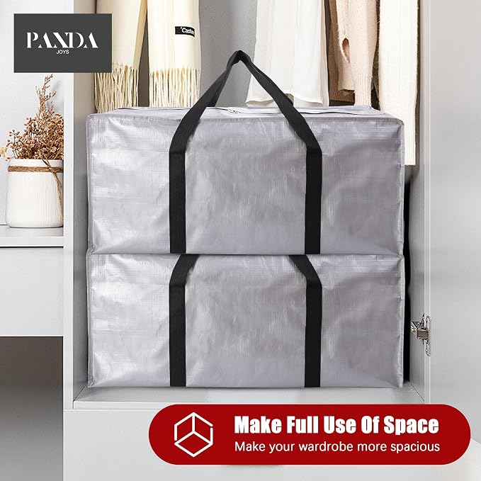 PANDA JOYS Extra Large Moving Bags with Zippers & Carrying Handles, Heavy-Duty Storage Tote for Space Saving Moving Storage, Fold Flat, Alternative to Box and Bin - 8 Pack, Silver