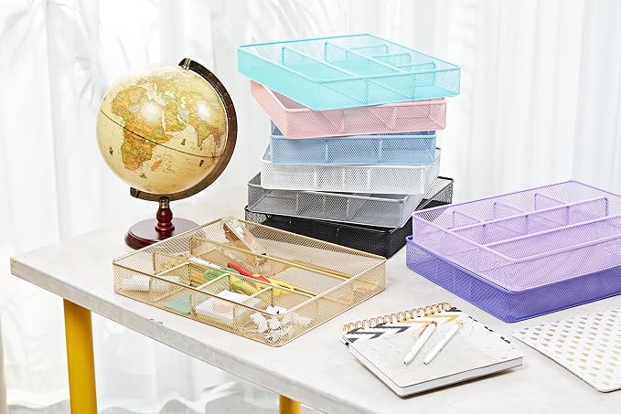 Annova Desk Top Organizer Tray for Office Organization - Metal Mesh - Storage Tray with Dividers for Pens, Desktop Accessories, Bathroom, Kitchen, Makeup and Office Supplies (Large, White)