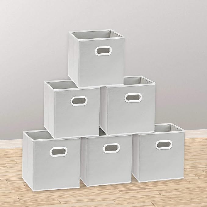 Simple Houseware Foldable Cube Storage Bins with Handles, 11-Inch, Gray, 6-Pack, Fabric Cubes Organizer for Closet or Shelves