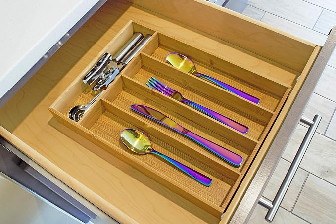 Drawer Organizer 100% Organic Bamboo| Premium Cutlery and Utensil Tray| Perfect For The Kitchen, Bathroom, Desk, etc.| Kitchen Drawer Divider with 5 Compartments