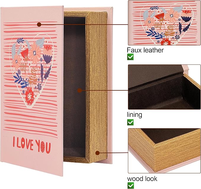 PACOLO Decorative Book Boxes, Faux Wood cover Storage for Hidden Jewelry, Money, and Cash (I LOVE YOU)