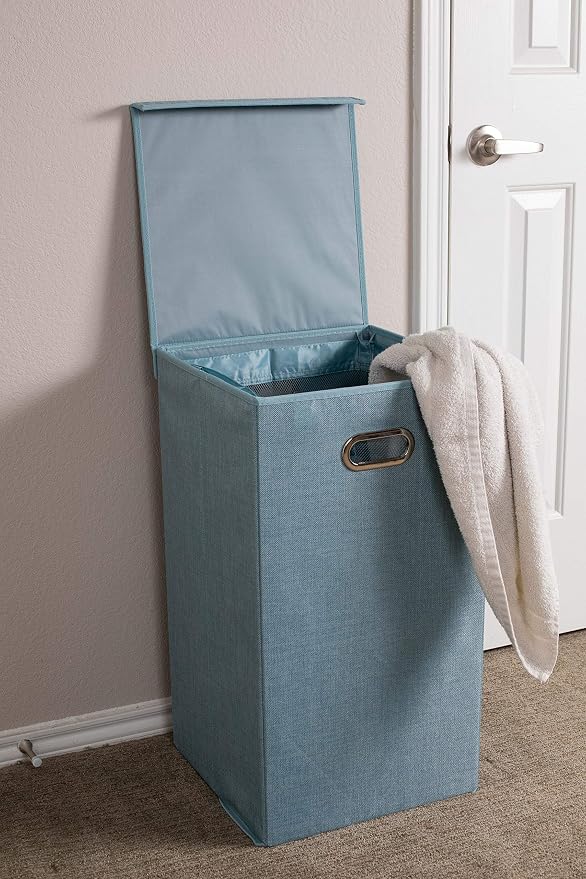 BIRDROCK HOME Laundry Hamper with Lid | Removable Bags for Sorting Clothes | Sectioned Laundry Basket for Bedroom & Bathroom | Collapsible Storage Bin with Cover | Single, Light Blue