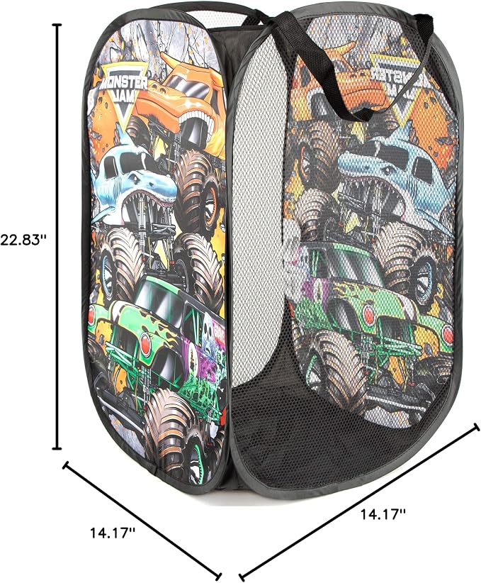 Jay Franco Monster Jam Break Out Pop Up Hamper - Mesh Laundry Basket/Bag with Durable Handles - Features Grave Digger & Megalodon