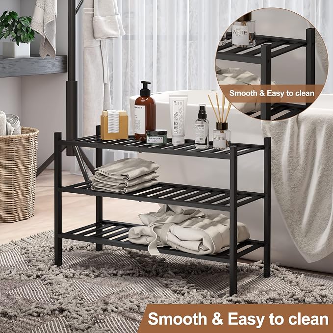 Bamboo Shoe Rack Stackable Shoe Shelf Storage Organizer for Unit Entryway Hallway and Closet Sturdy Freestanding Shoe Shelf(3 Tier Black)