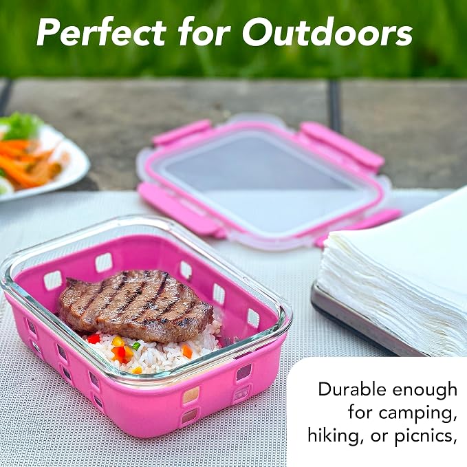 ECOBERI Glass Meal Prep Containers with Silicone Sleeves, 3 Piece 4.5 Cup Set, Borosilicate Glass Food Storage with Leak-Resistant Lids, Oven, Microwave, Freezer and Dishwasher Safe