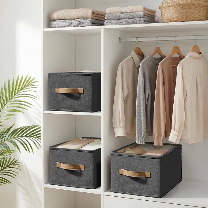 LayerSpace 3 Pack Fabric Storage Bins for Shelves | 11.5x8.75x6.5in Storage Baskets | Fabric Closet Organizers and Storage Bins with Handles Home Organization| Linen Clothes Bins | Black