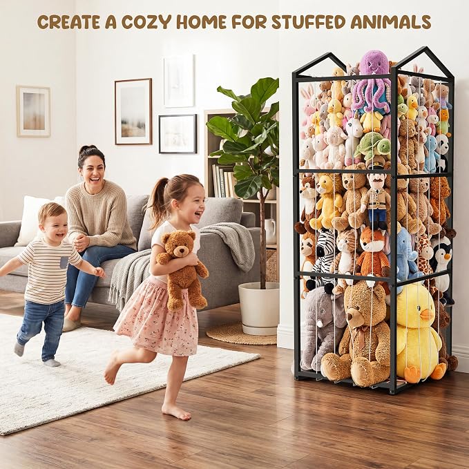 NomNest Stuffed Animal Storage Zoo, Large Metal Plushies Organizer, Heavy Duty Metal Teddy Bear Toy Holder for Kids' Bedroom & Playroom & Nursery (Non-Wheeled, Black)