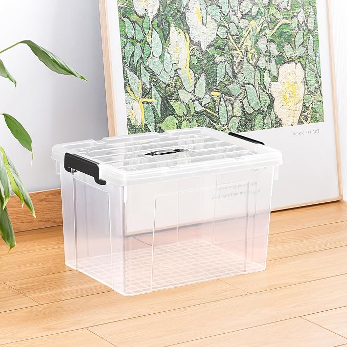 Cetomo Lidded Storage Bin with Handle, Tote Organizing Container with Durable Lid and Secure Latching Buckles, Stackable and Nestable, Plastic, 50 Quart-6 Pack, Clear