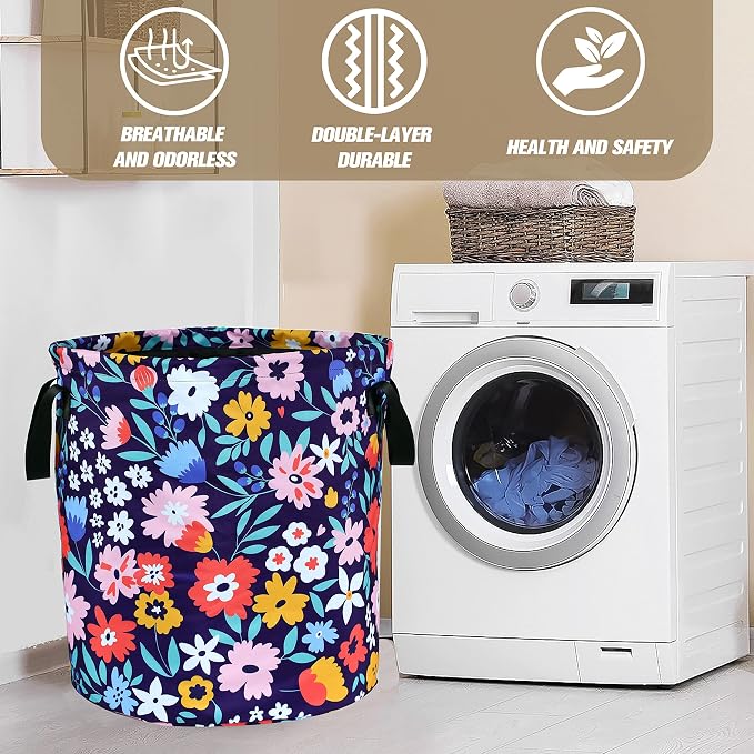 Folk Floral Art Laundry Basket Beautiful Flowers Foldable Oxford Cloth Funny Tote Bag Laundry Hamper Clothes Storage Bucket Organizer For Bathroom/Laundry Storage/Bedroom 18.9x16.5 Inch