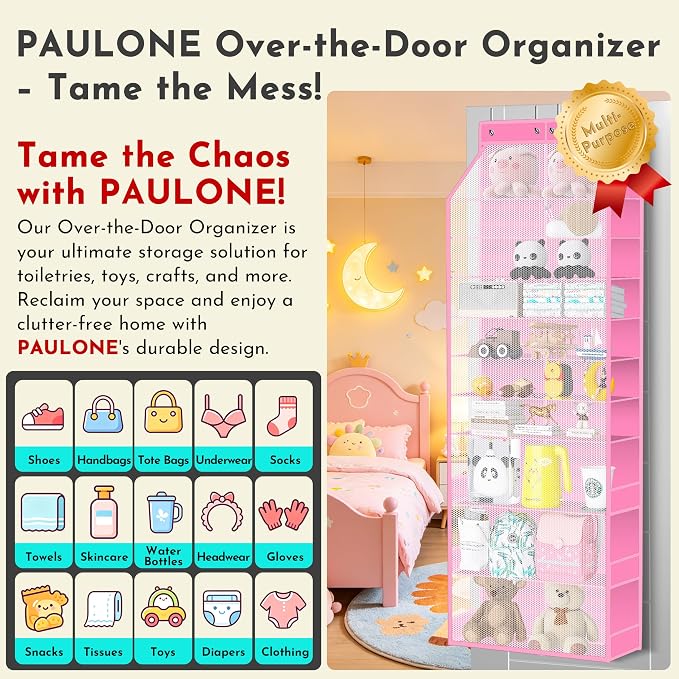 PAULONE Over the Door Organizer Heavy Duty – 96 Lbs Capacity 20 Pair Shoe Rack with Multi-Size Pockets Fits Tall Boots up to 11.8", Breathable Mesh, Metal Hooks – Also for Bags, Toys, Toiletries