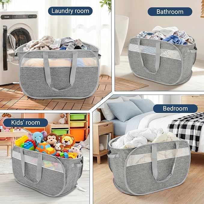 100L Collapsible Laundry Baskets, Foldable Dual Handles Laundry Hamper Grey | Lightweight, Easy to Carry, Up and Downstairs, Tear-Proof, Space-saving, for Laundry Room, Bedroom, Bathroom, Travel, Dorm