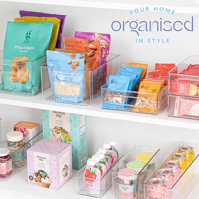 Plastic Food Storage 8 Pack Clear Container Bin with Handles for Organizing Kitchen, Pantry, Refrigerator, Freezer, Pantry, Cabinet, Closet, Bathroom. Stackable 10”x6”x3”