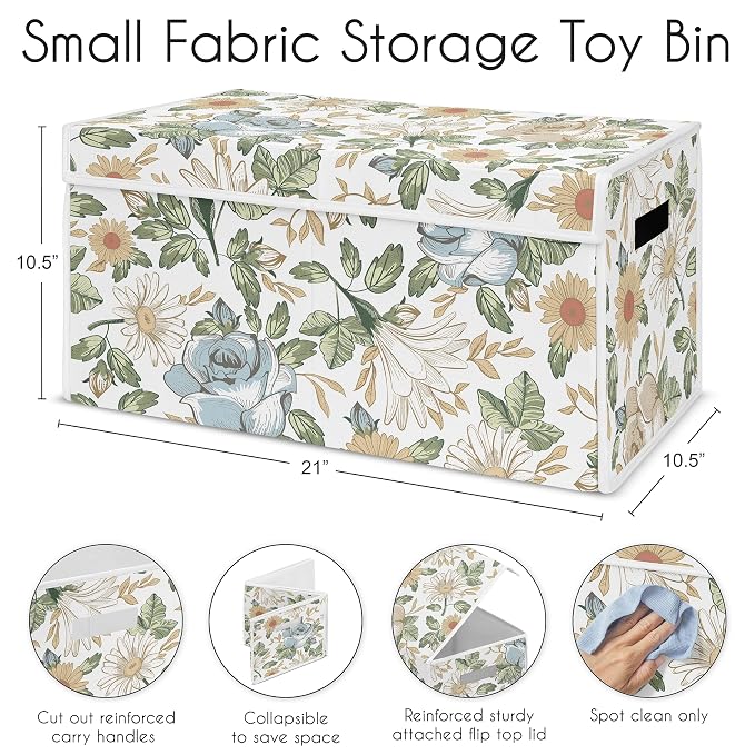 Sweet Jojo Designs Vintage Floral Blue Yellow Girl Small Fabric Toy Bin Storage Box Chest For Baby Nursery Kid Room Slate Green Gold Orange Taupe Beige Shabby Chic Rose Flower Boho Bohemian Farmhouse