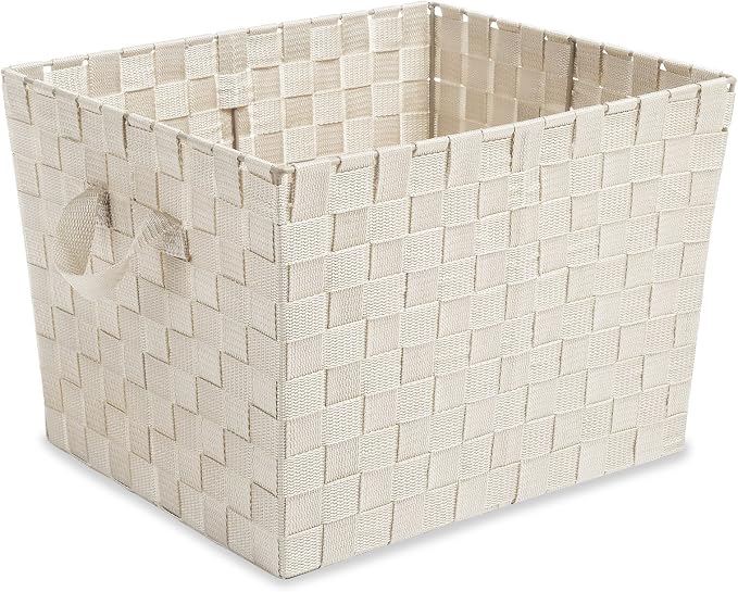 Whitmor Woven Storage Baskets with Metal Frame, 15x13x10 Inch Decorative Fabric Storage Bins with Handles, Rectangle Closet Organizers and Large Box for Shelves, Bedroom, Living Room, Latte