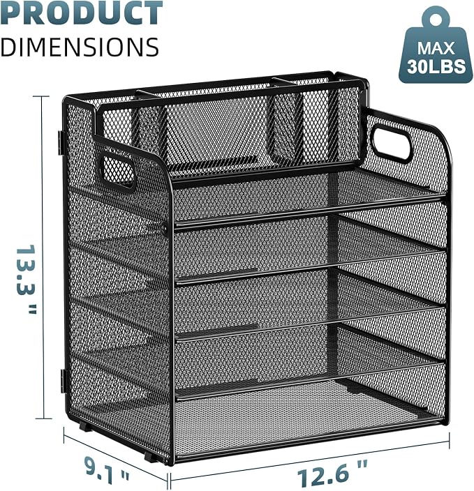 Marbrasse 5 Tier Paper Organizer Letter Tray, Mesh Desk File Organizer with Handle, Paper Sorter Desk Organizer for Home Office Supplies -Black, with 3 Pen Holders