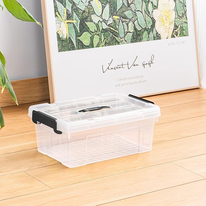Cetomo Lidded Storage Bin with Handle, Tote Organizing Container with Durable Lid and Secure Latching Buckles, Stackable and Nestable, Plastic, 16 Quart-6 Pack, Clear