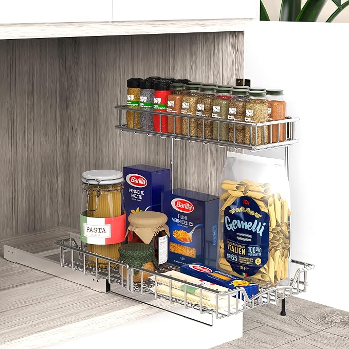 Simple Houseware 2-Tier (L+M) Organizer Pull Out Under Cabinet Sliding Shelf, Chrome