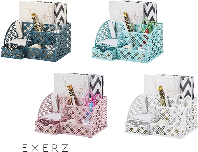 Exerz Desk Organizer Turquoise Office Desk Accessories Supplies Office Storage Desktop Pencil Pen Holder with Drawer Home Workspace