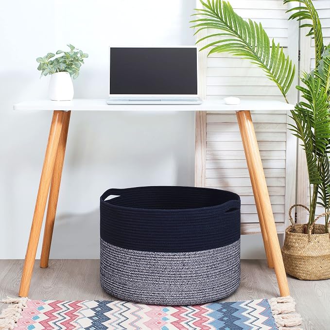 MINTWOOD Design Extra Large 22 x 14 Inches Blanket Storage Basket, Laundry Basket, Decorative Woven Cotton Rope Baskets for Blanket Storage Living Room, Dog Toy Storage Basket Bin, Navy Blue