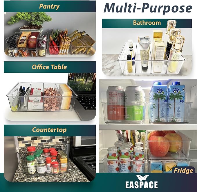 4-Pack Pantry Organizer Bins – Clear Storage Containers for Pantry, Kitchen, Fridge, Cabinet, or Shelf – Perfect for Snacks, Food, Drinks & Multi Purpose