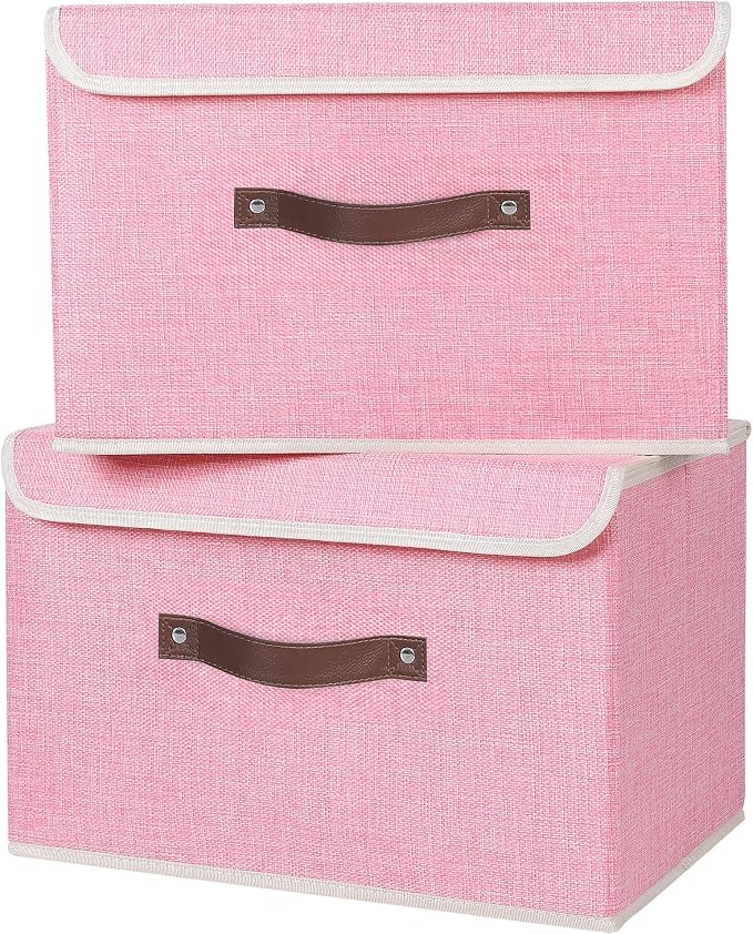 ANMINY 4PCS Storage Bin with Lid Storage Boxes with PU Leather Handles PP Plastic Board Decorative Foldable Lidded Cotton Linen Fabric Home Cubes Baskets Closet Organizer Container - Pink, Medium
