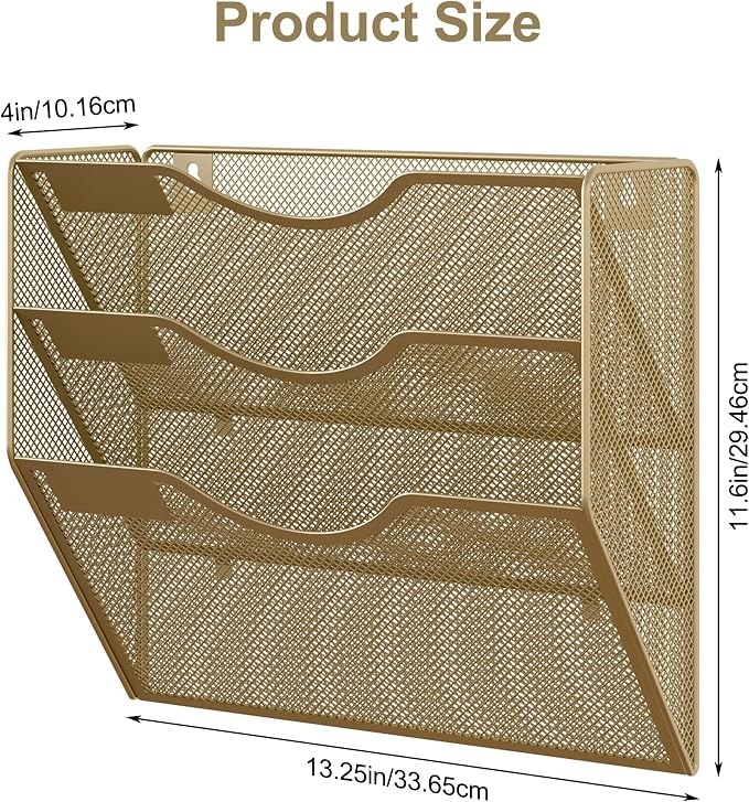 EasyPAG 3 Pocket Mesh Wall File Organizer, Hanging Paper Folder Holder with Classify Label, Vertical Wall Mount Mail Organizer for Office Home Classroom, Gold