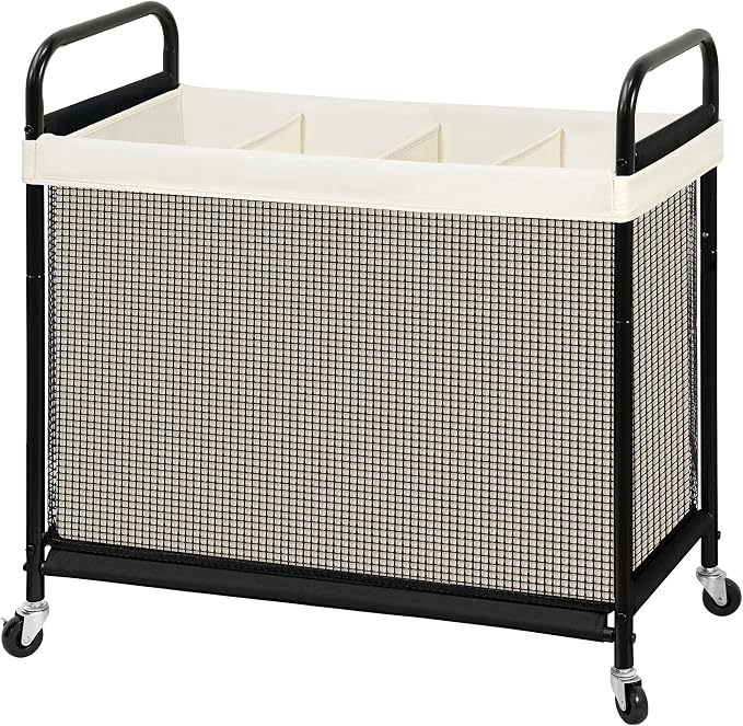 STO STO Laundry Hamper 4 Section, 140L Rolling Laundry Sorter Cart with Removable and Washable Liner Bag, Clothes Hamper with Wheels and Metal Handle for Laundry Room and Bedroom, Beige